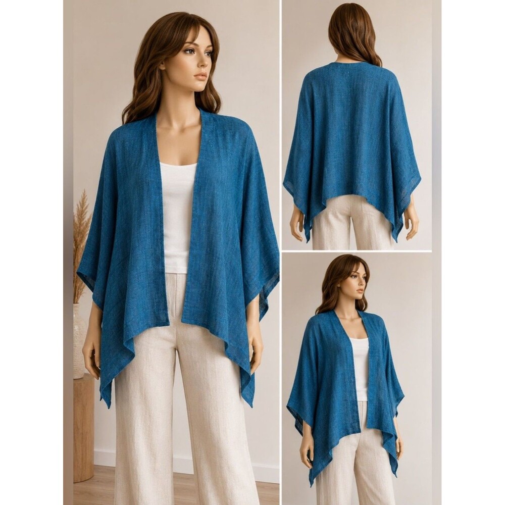 Eskandar Blue/Teal Linen Draped Kimono Cardigan Lagenlook Luxury Made in England